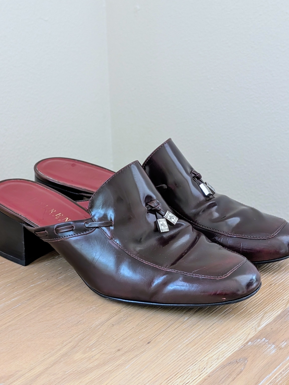 Vintage Lauren Ralph Lauren Leather Tassel Mule Heels In Burgundy - 9.5